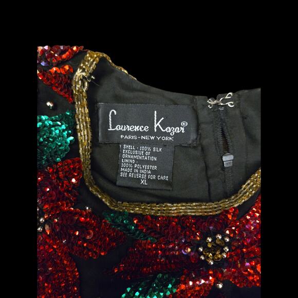 Laurence Kazar Silk Beaded Sequin Poinsettia Christmas Blouse Ladies Silk XL - Picture 2 of 2